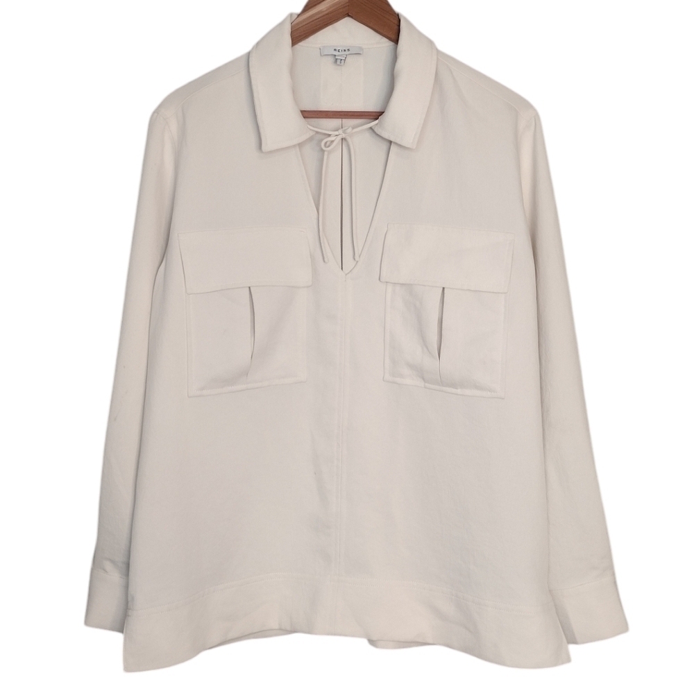 Reiss Women's Cream Minimalist Contemporary Twin Pocket Overhead Shirt Sz 6